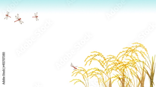稲と赤トンボ 背景 フレーム 水彩 イラスト 横長