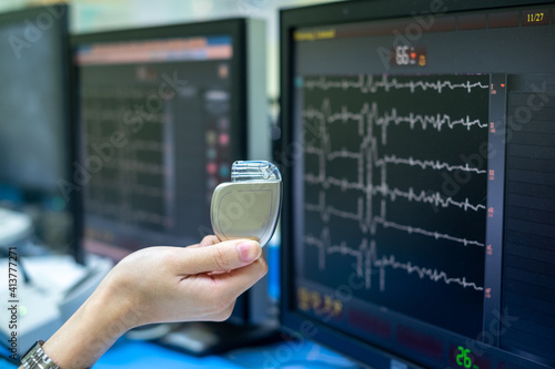 permanent pacemaker implantation device. This image demonstrates Permanent Pacemaker (PPM) on hands.