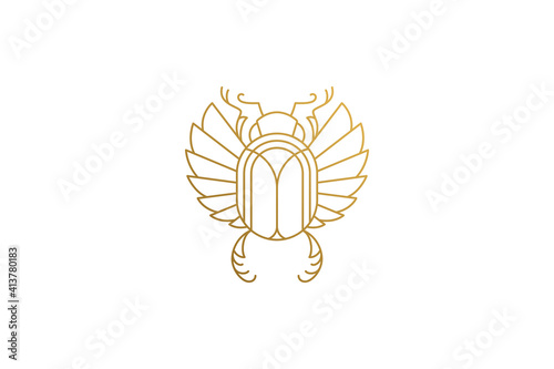 Golden egyptian scarab silhouette linear vector illustration.
