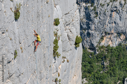 Rock climbing multi pitch on high wall, Gorges du Verdon, France