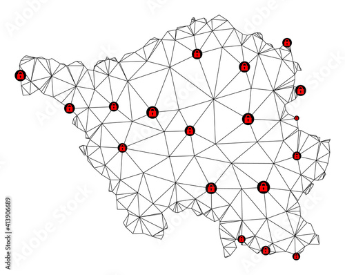 Polygonal mesh lockdown map of Saarland State. Abstract mesh lines and locks form map of Saarland State. Vector wire frame 2D polygonal line network in black color with red locks.