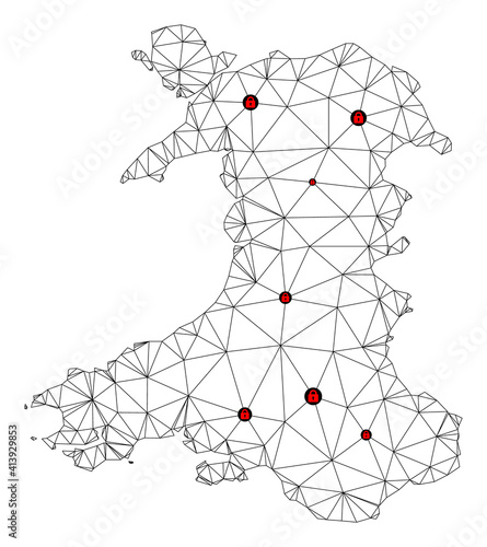 Polygonal mesh lockdown map of Wales. Abstract mesh lines and locks form map of Wales. Vector wire frame 2D polygonal line network in black color with red locks.