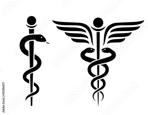 Snake medical icon, caduceus vector sign