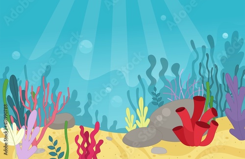 Illustration of a undersea world landscape in cartoon style. Underwater plants and corals on the seabed.