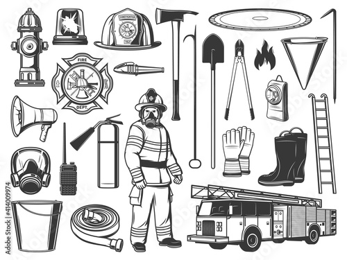 Firefighter tools and equipment engraved icons. Firefighter in protective uniform, helmet and gas mask, extinguisher, fire truck and hydrant, shovel and pike pole, hose, radio and bolt cutter vector