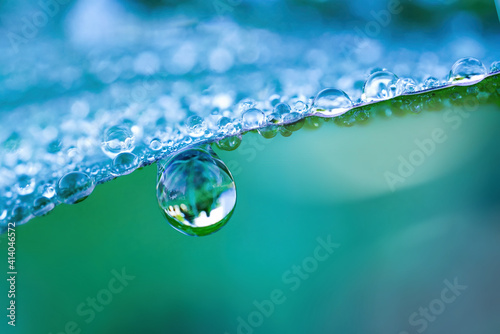 Large drop water reflects environment. Nature spring photography — raindrops on plant leaf. Background image in turquoise and green tones with bokeh.