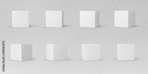 White 3d cubes set with perspective isolated on grey background. 3d modeling box with lighting and shadow. Realistic vector icon