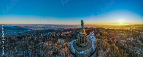Aerial panoramic view of the famous Hermannsdenkmal - Hermann's Monument - in Detmold, Germany