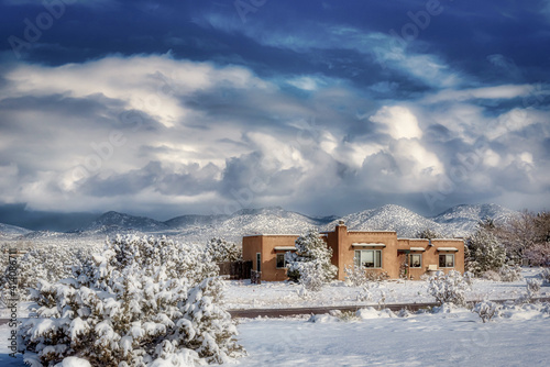 Snowy field in Santa Fe, New Mexico, USA