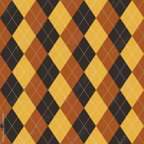 Argyle pattern autumn design in brown and yellow. Traditional geometric stitched vector argyll dark bright background for gift wrapping, socks, sweater, jumper, other modern fashion textile print.