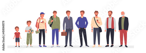 Man ages, different generation, male characters in aging stage process standing in line