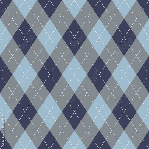 Argyle pattern in blue and grey. Traditional geometric vector argyll dark background art graphic for gift wrapping, socks, sweater, jumper, or other modern autumn winter classic fashion textile print.