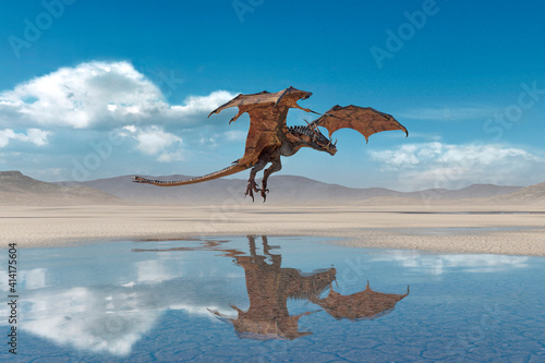 dragon is landing on desert after rain