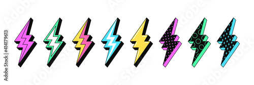 Isolated Lightning bolt signs. 5st set of flash thunderbolts with texture for zine retro culture