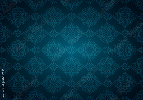 Oriental vintage background with Indo-Persian ornaments. Royal, luxurious, horizontal textured wallpaper in blue, with darkening at the edges, vignette. Vector illustration