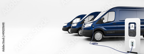 E-Mobility and ecology. Charging an electric transporter in white background. Charging battery concept. 3D rendering.
