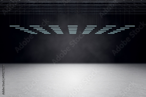 Modern empty hall room with concrete floor, black wall and led lights in a row on black top. Mockup