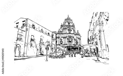Building view with landmark of Sicily is the largest island in the Italy. Hand drawn sketch illustration in vector.