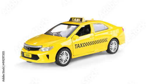 Yellow taxi car with roof sign on white background