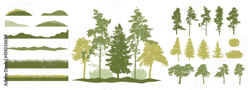 Constructor kit. Silhouettes of beautiful spruce trees, pine, other trees, grass, hill. Creation of spring beautiful park, forest, landscape, woodland, collection of element. Vector illustration.