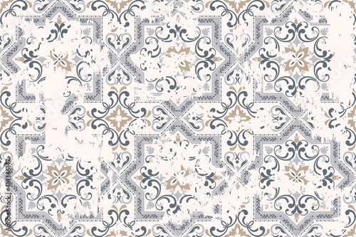 Seamless vintage pattern with an effect of attrition. Patchwork carpet. Hand drawn seamless abstract pattern from tiles. Azulejos tiles patchwork. Portuguese and Spain decor. 