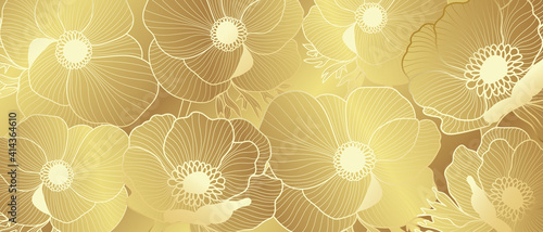 Luxury Gold Anemone flowers background vector. Botanical Line art Hand Drawn wallpaper, wall art. Vector illustration.