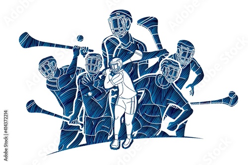 Irish Hurley Sport. Group of Hurling Sport Players Action. Cartoon Graphic Vector