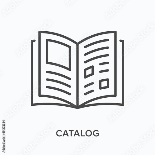 Catalog flat line icon. Vector outline illustration of open book. Black thin linear pictogram for paper magazine