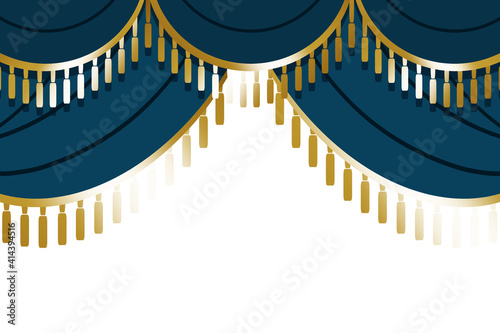 高級なフリンジ付きカーテンの上飾りフレーム 長方形 ブルーグリーン＆ゴールド