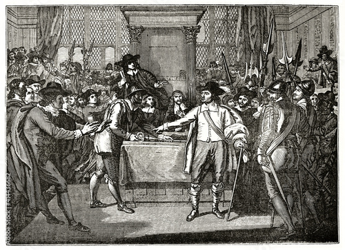 Cromwell and a band of soldiers interrupting Parliament. Ancient grey tone etching style art by West, Magasin Pittoresque, 1838