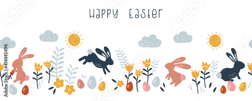 Lovely hand drawn Easter horizontal seamless pattern, doodle bunnies, eggs and flowers, great for banners, wallpapers, wrapping, textiles - vector design