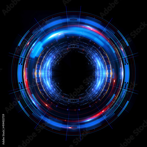 Vivid abstract background. Beautiful design of rotation frame. Mystical portal. Bright sphere lens. Rotating lines. Glow ring. Magic neon ball. Led blurred swirl. Spiral glint lines. HUD