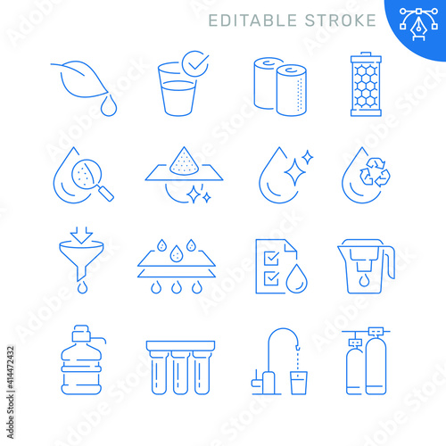 Water filtration related icons. Editable stroke. Thin vector icon set