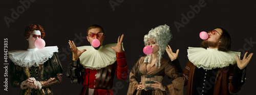 Blowing pink bubble gums. Medieval people as a royalty persons in vintage clothing on dark background. Concept of comparison of eras, modernity and renaissance, baroque style. Creative collage. Flyer