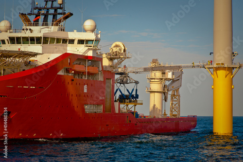 Service operational vessel with walk to work gangway deployed