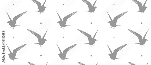 Minimalistic seamless pattern with seagulls flying. Seamless with birds flying silhouette. Pattern for fabric, baby clothes, background, textile, wrapping paper, wallpaper and other decoration.