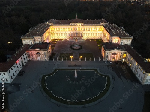 Aerial view of facade of the elegant Villa Reale in Monza, Lombardy, north Italy. Drone photography in Italy of the amazin Royal Palace of Monza.