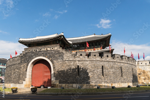 Exterior view of the Paldalmun Gate part of the historic Suwon's Hwaseong Fortress near Seoul in South Korea on a sunny day