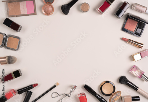 Makeup professional cosmetics on white background. Flat lay image with copy space.