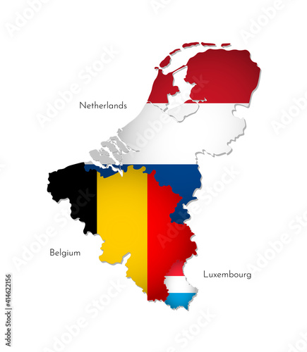 Vector illustration with isolated silhouettes of Benelux Union on map (simplified shape). National flags of Belgium, Netherlands, Luxembourg. White background and names of countries