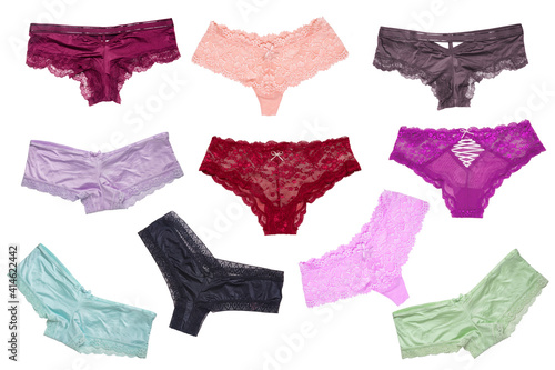Thong lingerie isolated. Collage set of different luxurious elegant colorful lacy thongs panties isolated on a white background. Sexy underwear of woman.
