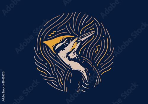 Woodpecker, native zodiac, dark mode background texture with illustration of a woodpecker. Vector illustration and decorative elements.