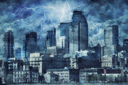 Dramatic view of the city of Montreal affected by the Covid-19 storm