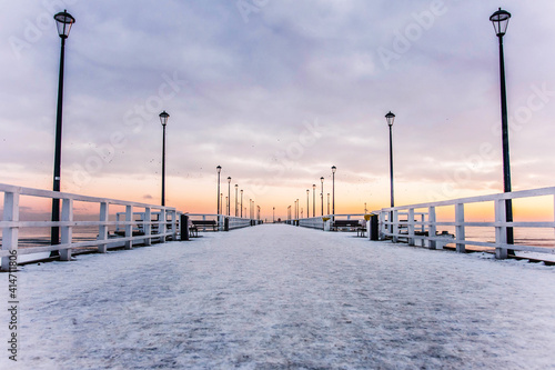 Wschód słońca zimą Molo Brzeźno Przymorze Gdańsk Poland beach sea Sunrise Sunset winter