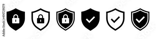 Set of security shield icons, security shields logotypes with check mark and padlock. Security shield symbols. Vector illustration.