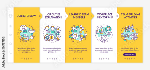 Selection of workers onboarding vector template. Job responsibilities. Process of internship and mentoring. Responsive mobile website with icons. Webpage walkthrough step screens. RGB color concept
