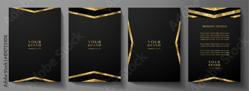 Modern black cover design set with gold geometric lines (triangle). Luxury creative premium pattern backdrop. Formal vector background template for business brochure, certificate, diploma, invite