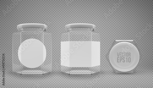 A set of hexagon glass jars with lids. A transparent jar with a white lid and labels. Realistic 3D illustration. Vector