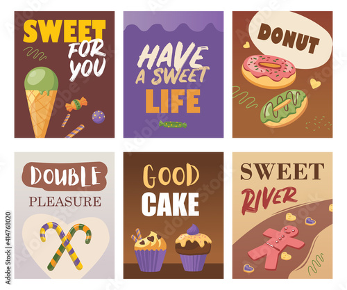 Bright greeting card designs with desserts. Colored sweets, donuts, cupcakes, cookies and text. Tasty food and confectionery concept. Template for promotional leaflet or flyer