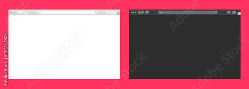 Empty browser template window on transparent background. Blank web page mockup with toolbar. Light and dark mode UI design vector.